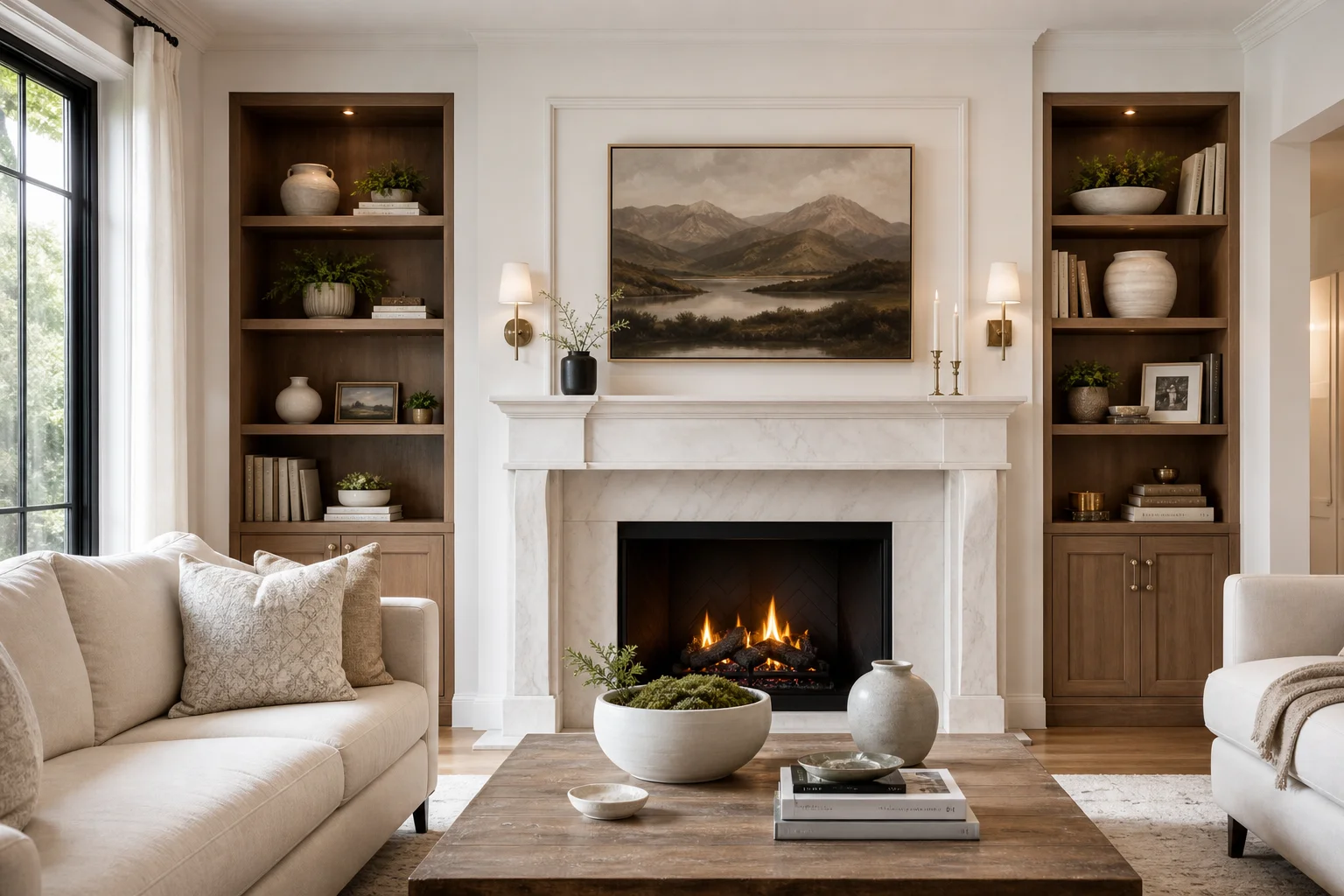 Warm, elegant living room with a centered fireplace